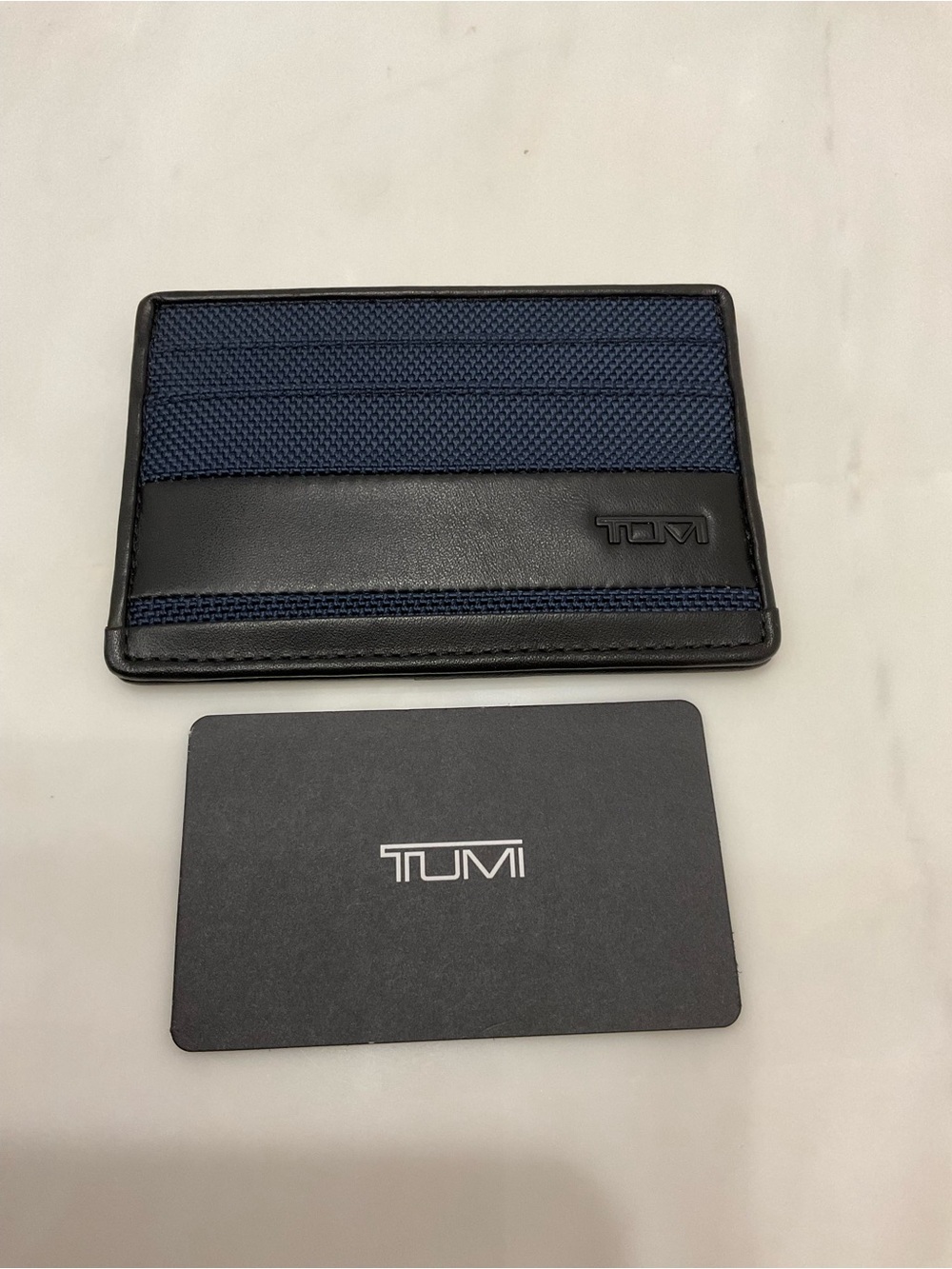NEW Tumi ALPHA Ballistic Nylon & Leather Slim Card Case - NAVY BLUE & BLACK